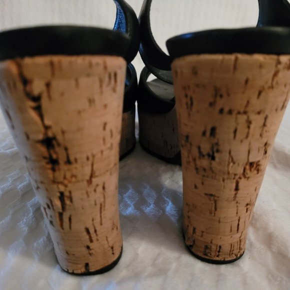 Authentic Fendi Black Leather Ankle Strap Cork Wedge Platform Heels Size 38/US 8 - Picture 15 of 16
